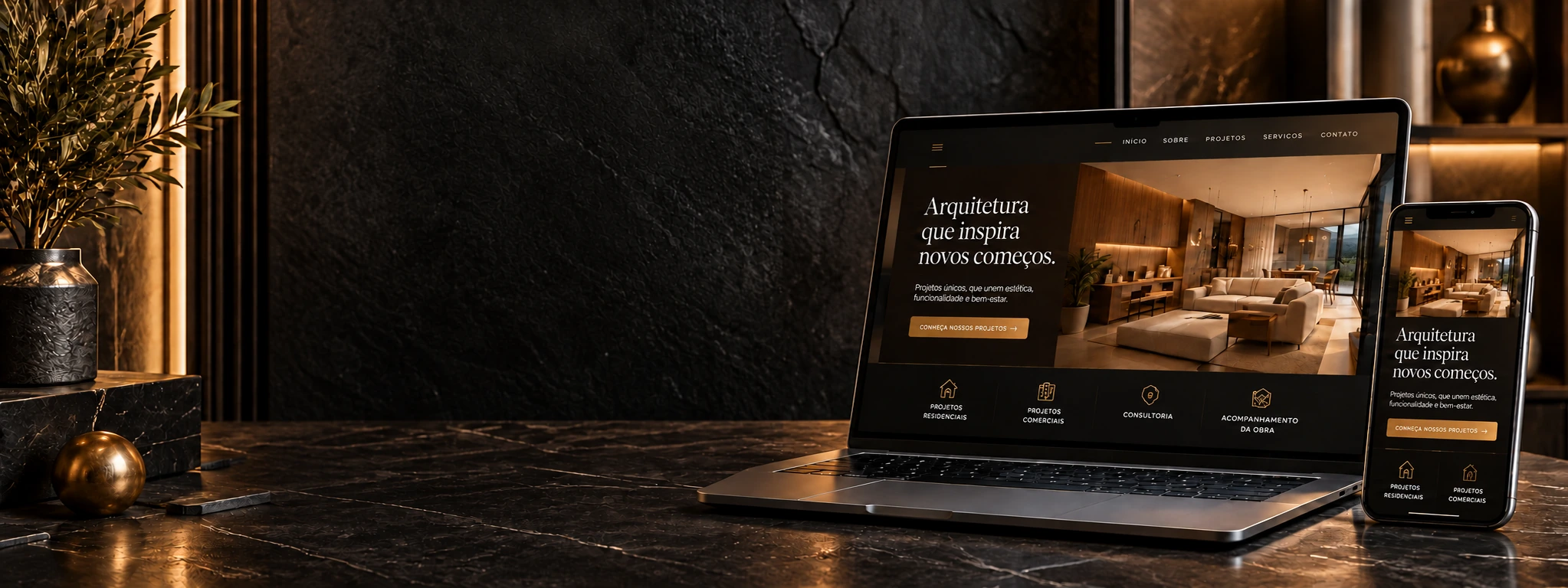 Exemplo ilustrativo de site profissional no notebook e no celular